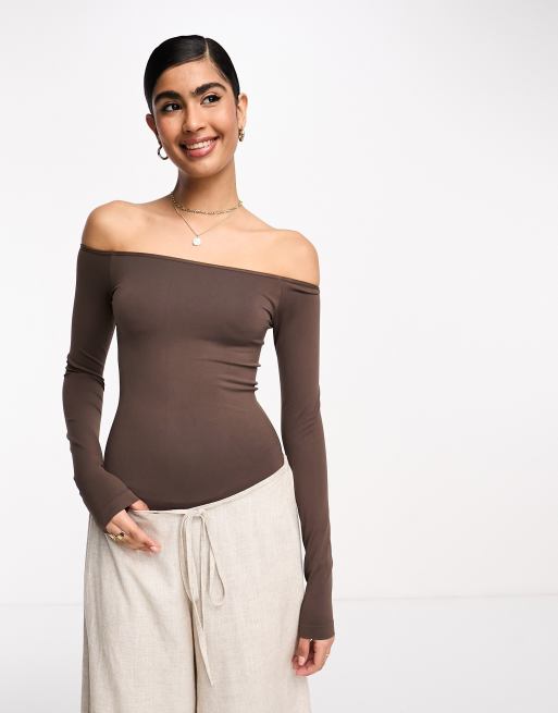 ASOS DESIGN long sleeve off shoulder crop top with skinny straps