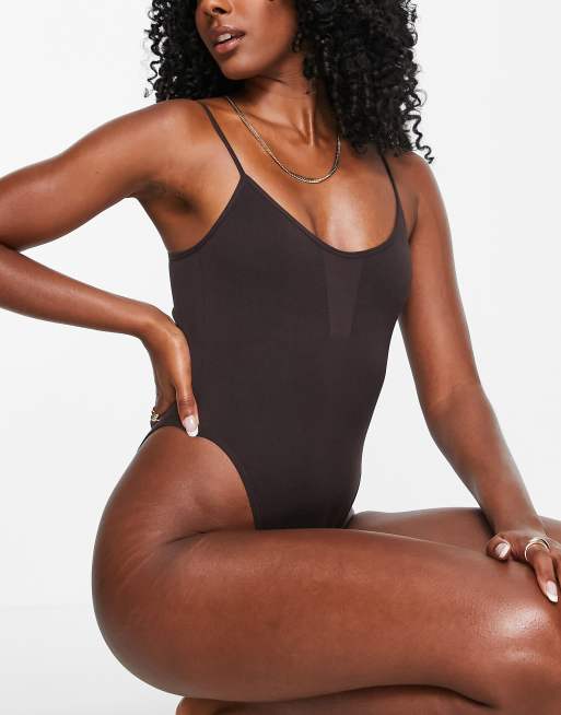 ASOS DESIGN seamless open back bodysuit with skinny straps in brown