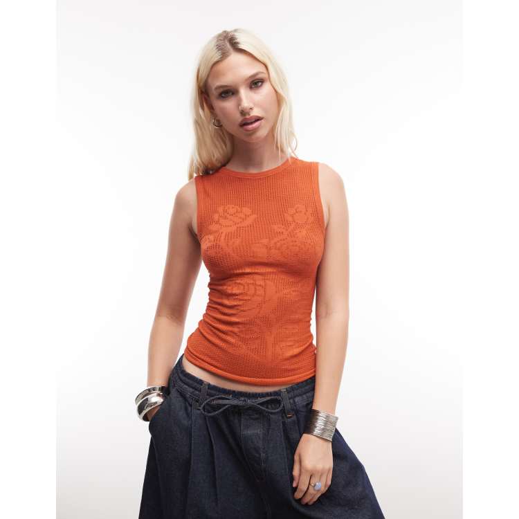 ASOS DESIGN seamless open knit floral tank top in peach | ASOS