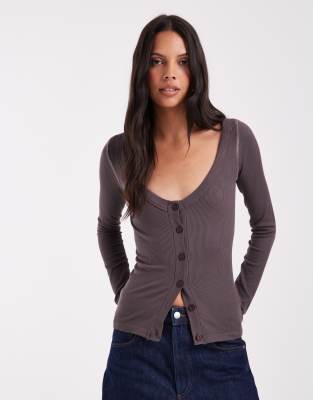 Asos Design Seamless Rib Deep V Cardigan In Brown