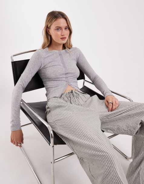 ASOS DESIGN seamless ribbed snap detail long sleeve top in gray heather - view 1