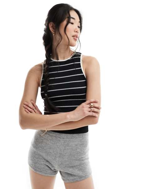 ASOS DESIGN seamless sculpting 90s contrast edge tank in black micro stripe - view 1
