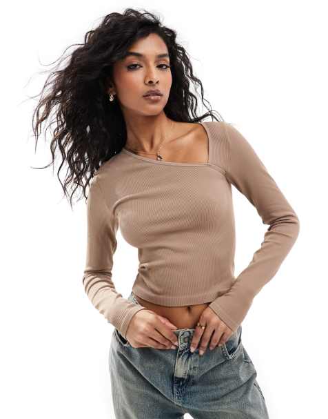 ASOS DESIGN seamless sculpting asymmetric neckline top in mocha - view 1