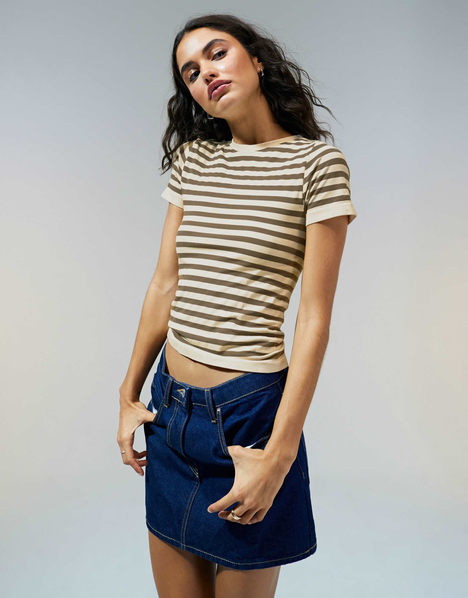 asos design seamless sculpting baby tee in neutral stripe