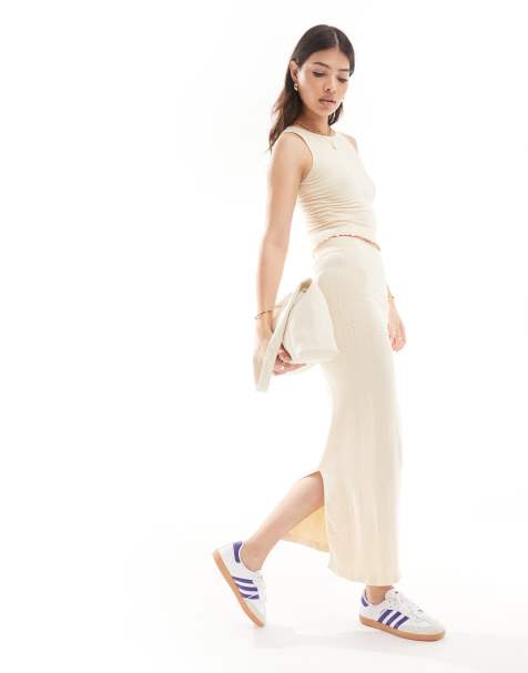 ASOS DESIGN seamless sculpting eyelet midi skirt in cream - part of a set - view 1