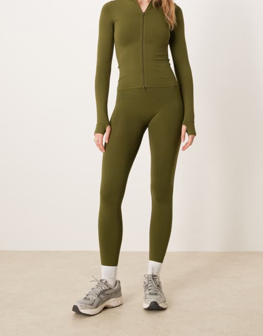 ASOS DESIGN seamless sculpting flat leggings co-ord in khaki, 4 of 5