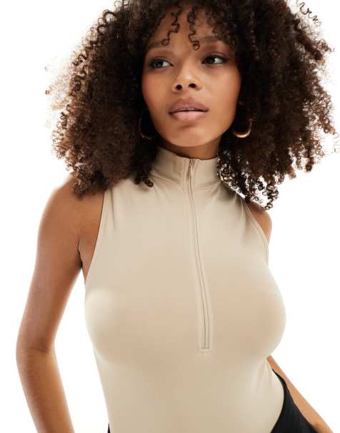 ASOS DESIGN seamless sculpting half zip sleeveless bodysuit in pebble - view 1