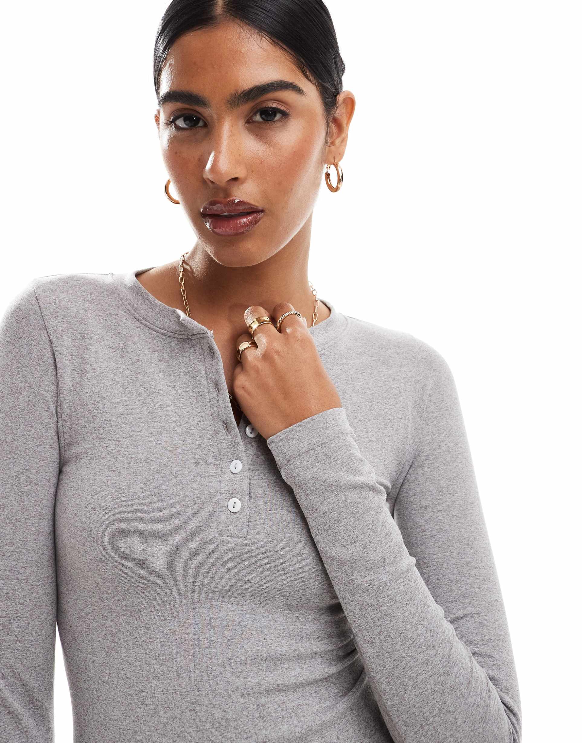 asos design seamless sculpting henley long sleeve top in gray heather
