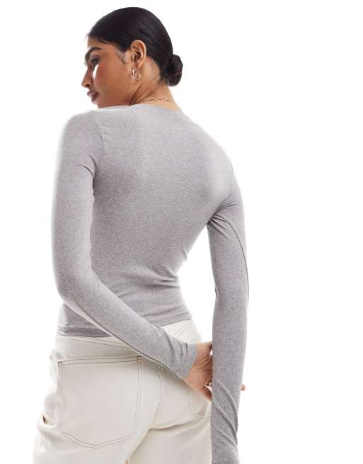 ASOS DESIGN seamless sculpting henley long sleeve top in gray heather