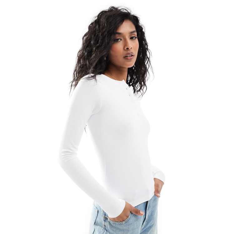 Women's Basic Long Sleeve Henley Top - Slim Fit Stretch Tee For Layering (Multiple Colors)
