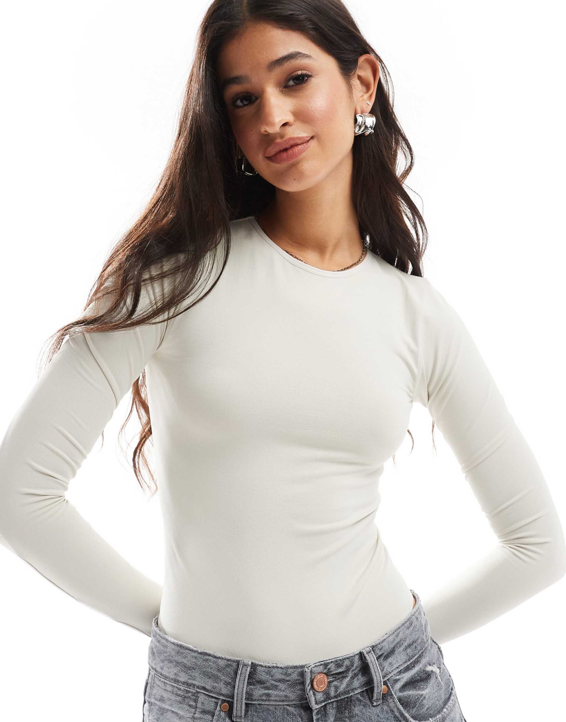 asos design seamless sculpting long sleeve crew neck bodysuit in stone
