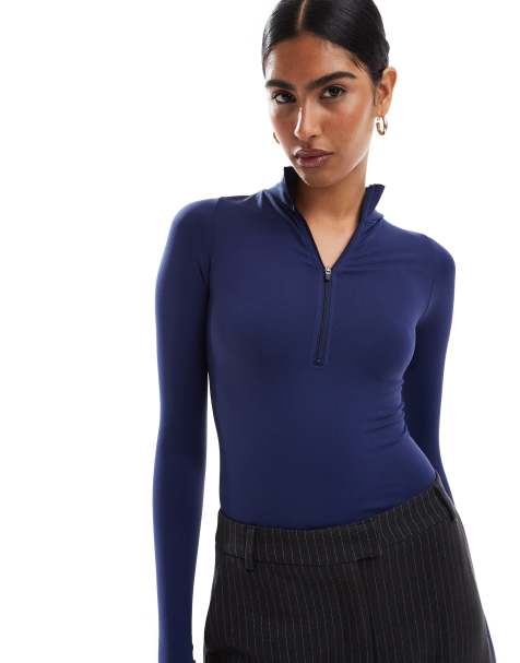 ASOS DESIGN seamless sculpting long sleeve half zip bodysuit in navy - view 1