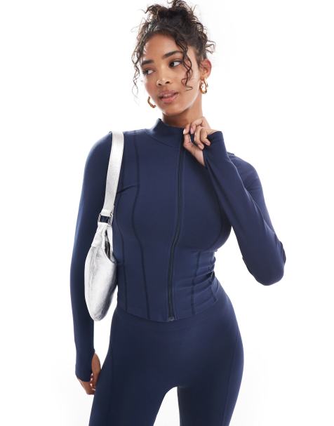 ASOS DESIGN seamless sculpting long sleeve zip through top co-ord with seam detail in navy - view 1