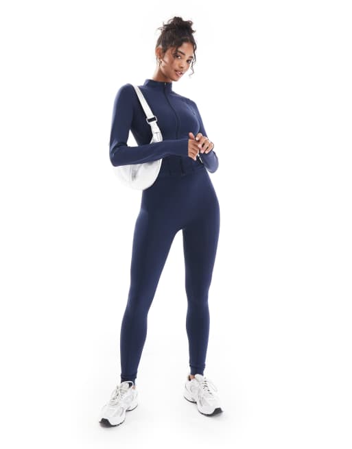 ASOS DESIGN seamless sculpting long sleeve zip through top co-ord with seam detail in navy, 4 of 4