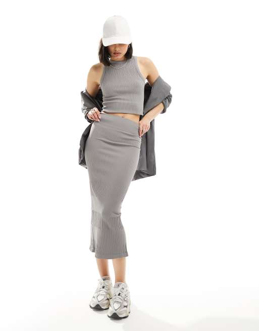 ASOS DESIGN seamless sculpting mixed rib midi skirt in dark grey (part of a set)