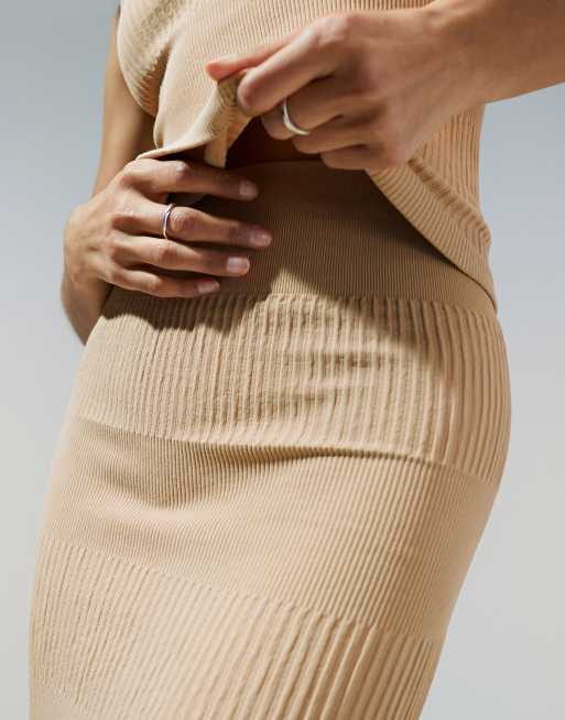 ASOS DESIGN seamless sculpting mixed rib midi skirt in pebble - part of a set
