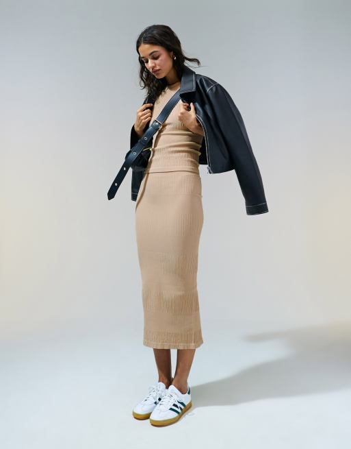 ASOS DESIGN seamless sculpting mixed rib midi skirt in pebble - part of a set