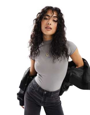 Asos Design Seamless Sculpting T-shirt Bodysuit With Raw Edge In Dark Gray In Gray