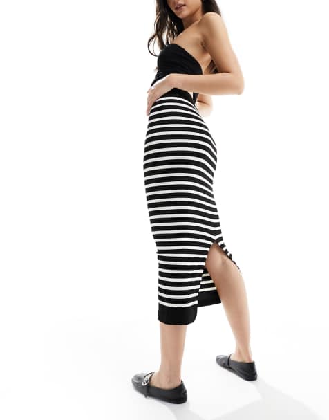 ASOS DESIGN seamless sculpting tubular midi skirt in black and white stripe - view 1