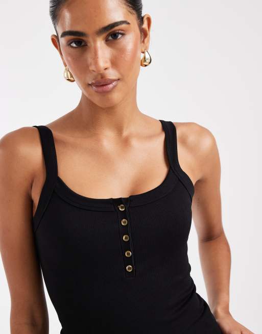 ASOS DESIGN seamless square neck cami with button detail in black, 3 of 4