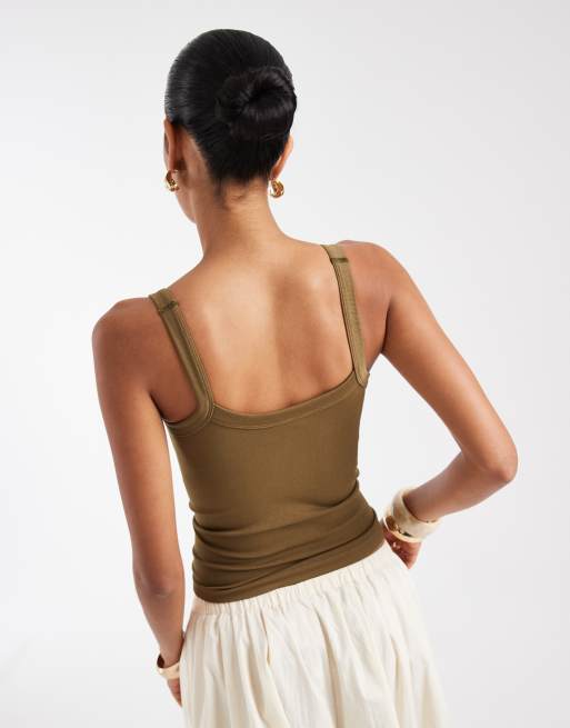 ASOS DESIGN seamless square neck cami with button detail in khaki, 3 of 4