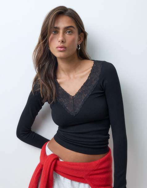 ASOS DESIGN seamless topp med v-ringning och spetsdetalj, lång ärm, svart - view 1