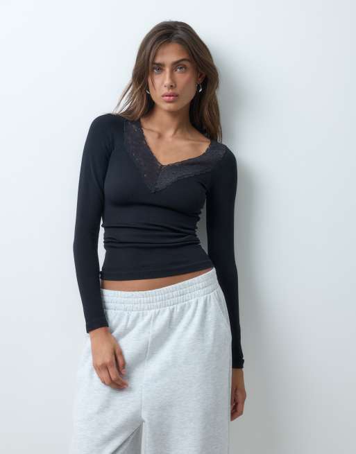 ASOS DESIGN seamless topp med v-ringning och spetsdetalj, lång ärm, svart, 3 av 5