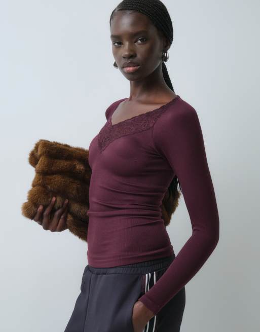 ASOS DESIGN seamless v neck lace detail long sleeve top in plum, 2 of 5