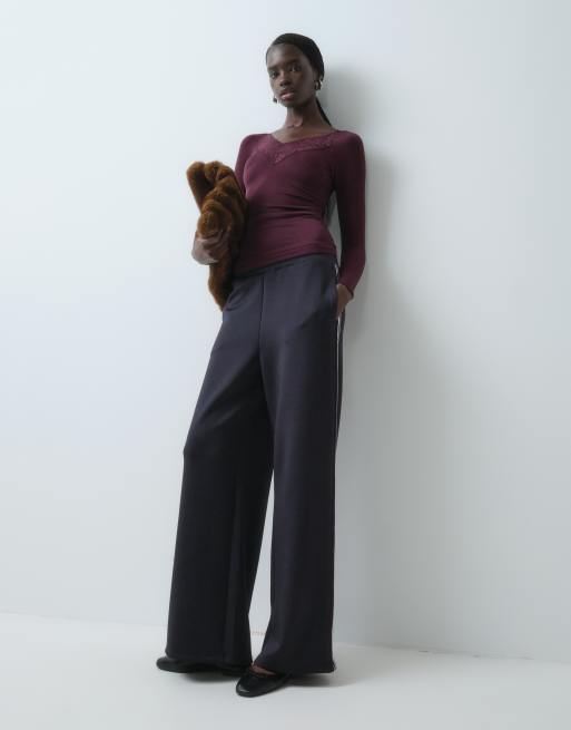 ASOS DESIGN seamless v neck lace detail long sleeve top in plum, 3 of 5