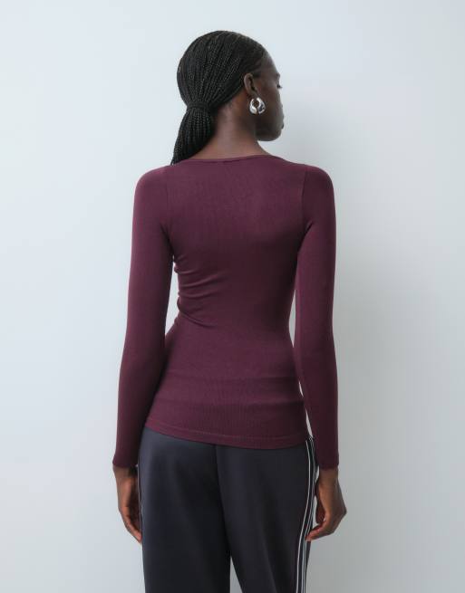 ASOS DESIGN seamless v neck lace detail long sleeve top in plum, 5 of 5