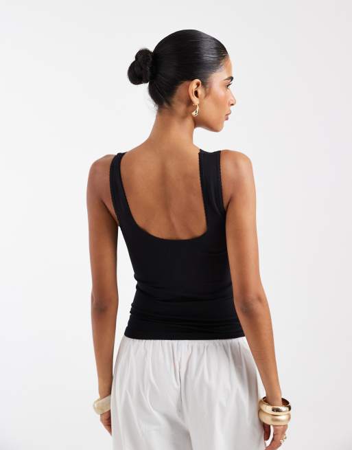 ASOS DESIGN seamless v-neck singlet with lace detail in black, 3 of 4