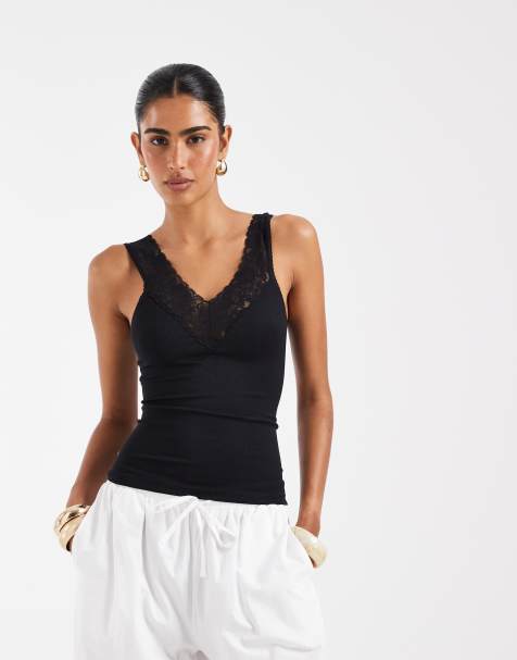 ASOS DESIGN seamless v neck tank top with lace detail in black - view 1