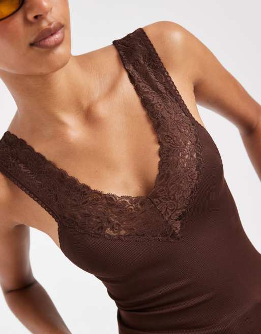 ASOS DESIGN seamless v neck tank top with lace detail in choc, 3 of 4