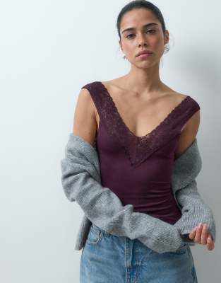 Asos Design Seamless V Neck Tank Top With Lace Detail In Purple
