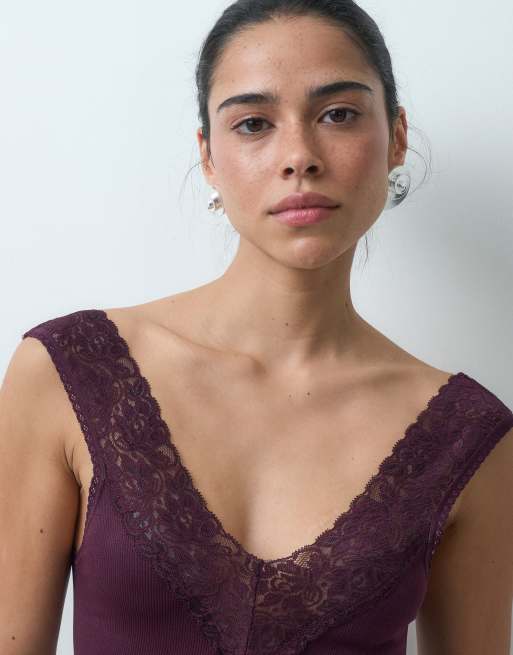 ASOS DESIGN seamless v neck vest with lace detail in plum, 2 of 4