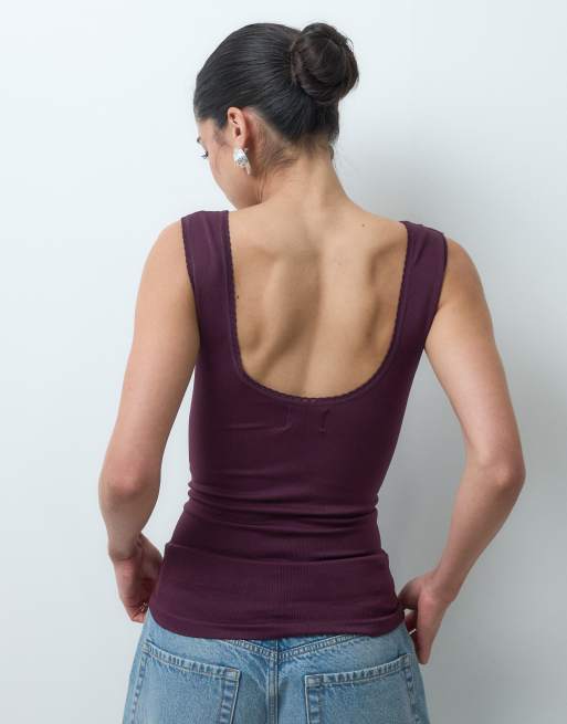 ASOS DESIGN seamless v neck vest with lace detail in plum, 3 of 4