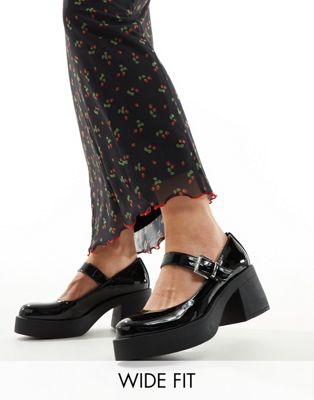 ASOS DESIGN Wide Fit Sebastian chunky mary jane heeled shoes in black patent - ASOS Price Checker