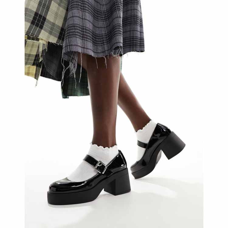 ASOS DESIGN Sebi chunky mary jane heeled shoes in black patent