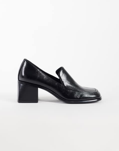 ASOS DESIGN Sebi block heeled slipper loafers in black crackle - view 1