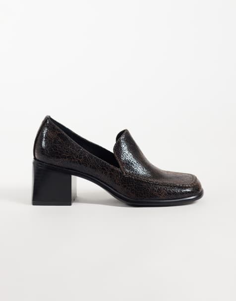ASOS DESIGN Sebi block heeled slipper loafers in chocolate crackle - view 1