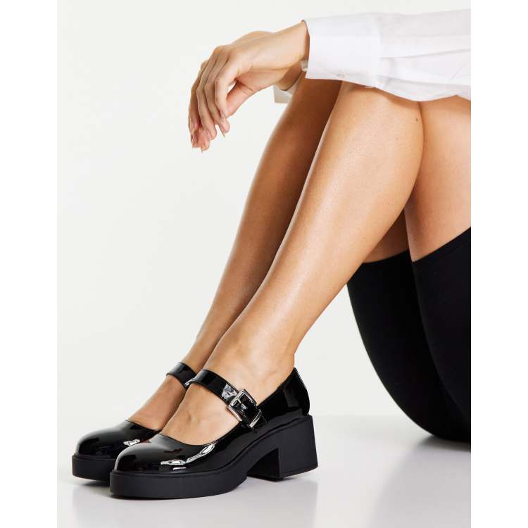 ASOS DESIGN Sebi chunky mary jane heeled shoes in black patent