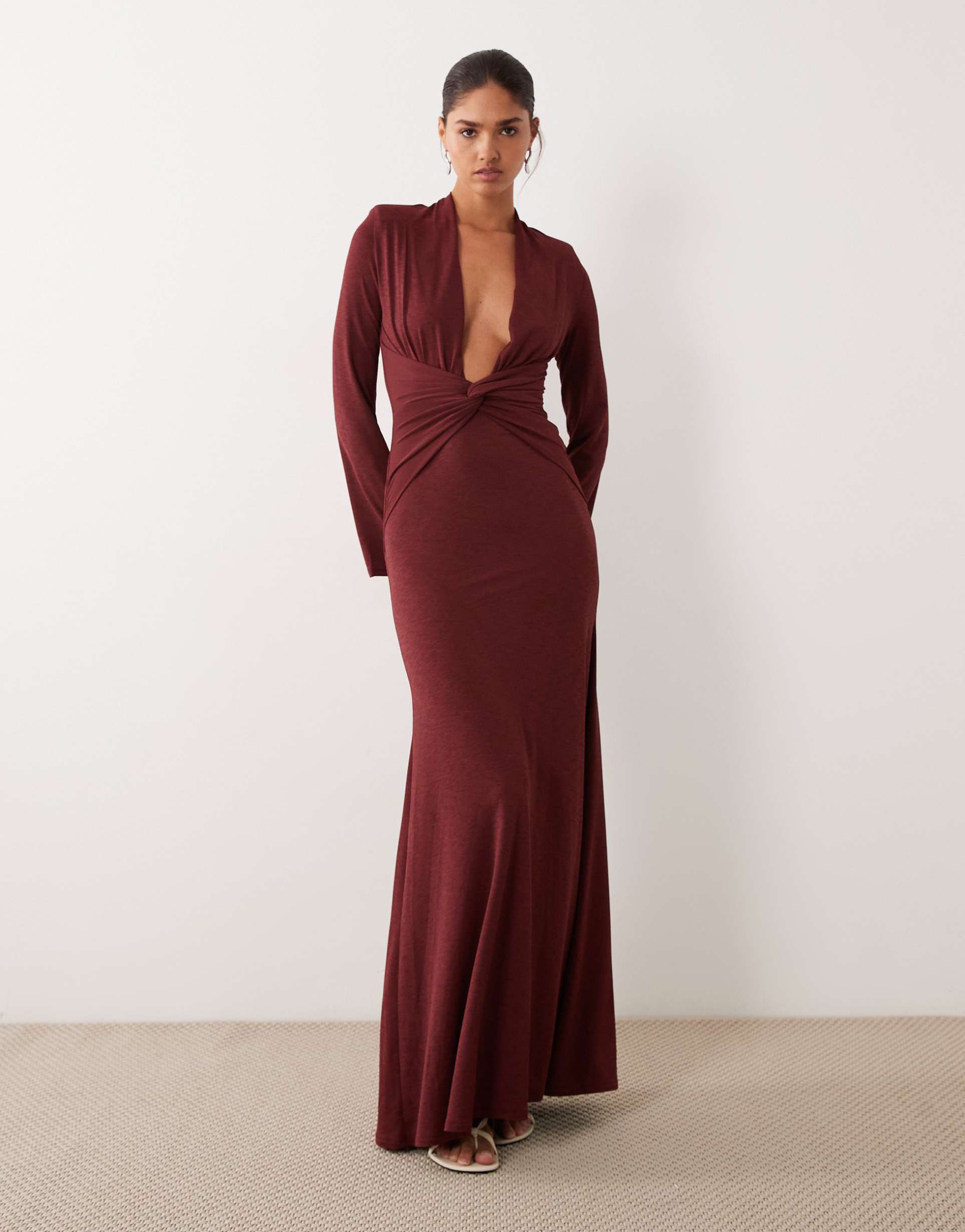 asos design second skin maxi dress with super plunge neck and twist front in chocolate