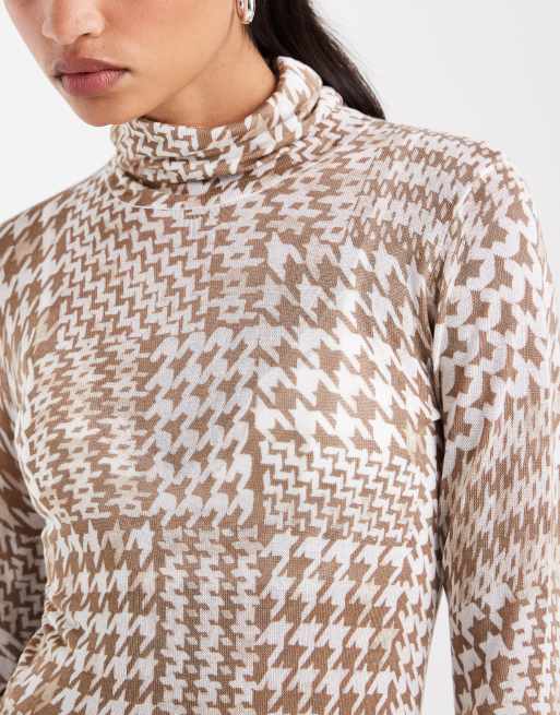 ASOS DESIGN second skin sheer knit roll neck in dog tooth, 3 of 4