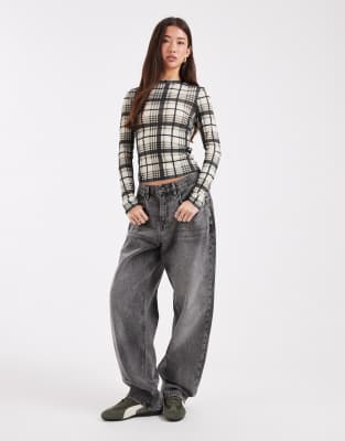 Asos Design Second Skin Sheer Plaid Printed Top In Gray