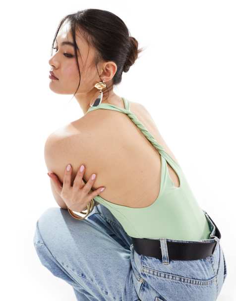 ASOS DESIGN second skin twist back v neck bodysuit in apple green - view 1