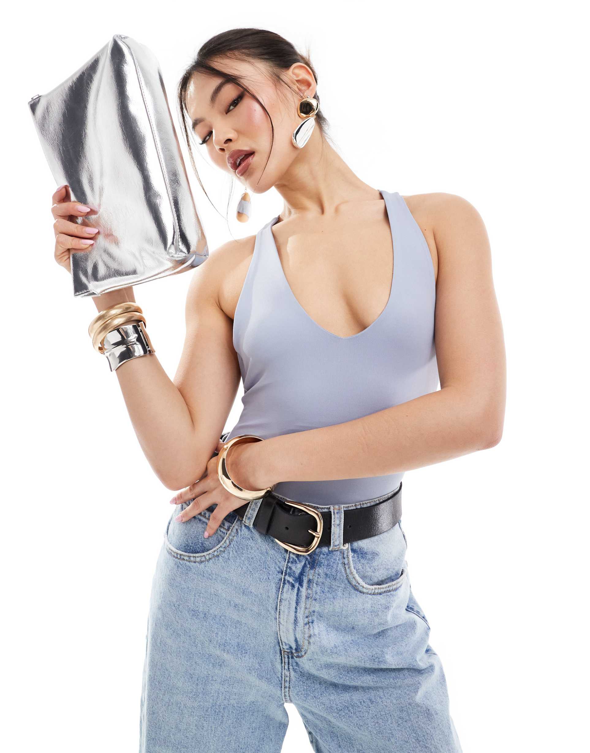 asos design second skin twist back v neck bodysuit in dusky blue