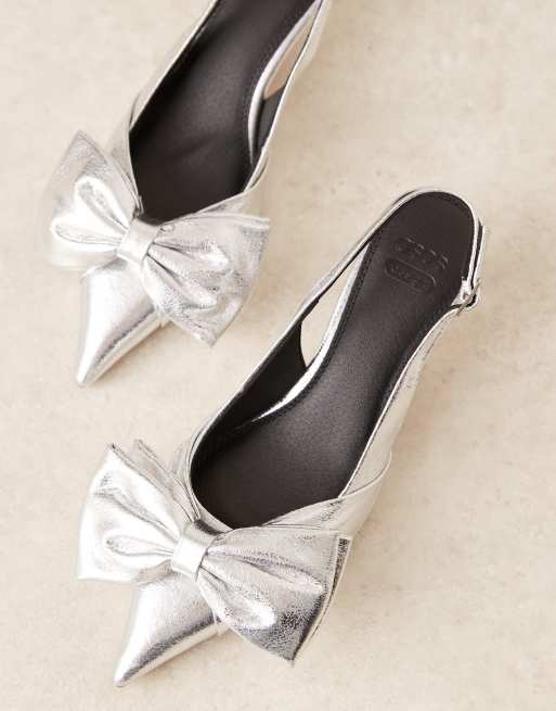 ASOS DESIGN Secret bow slingback kitten heeled shoes in silver ASOS