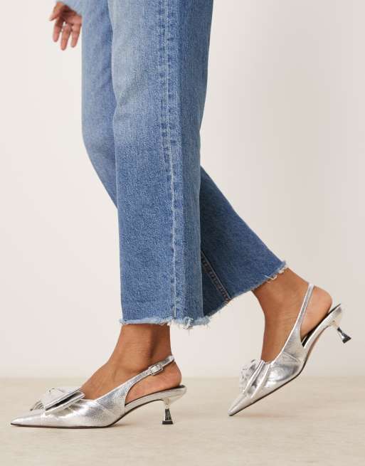 ASOS DESIGN Secret Schuhe in Silber mit Pfennigabsatz Fersenriemen und Schleife