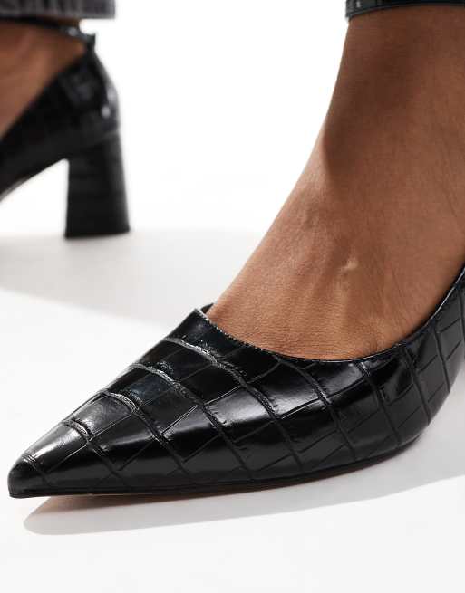 ASOS DESIGN Security mid block heeled shoes in black croc ASOS
