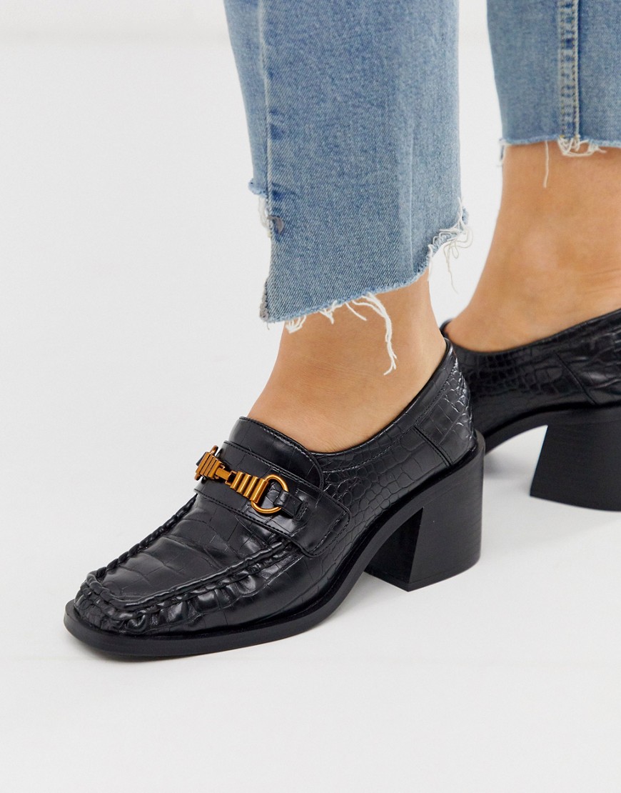 ASOS DESIGN – Security – Svarta krokodilskinnsmönstrade loafers i grov modell med medelhög klack